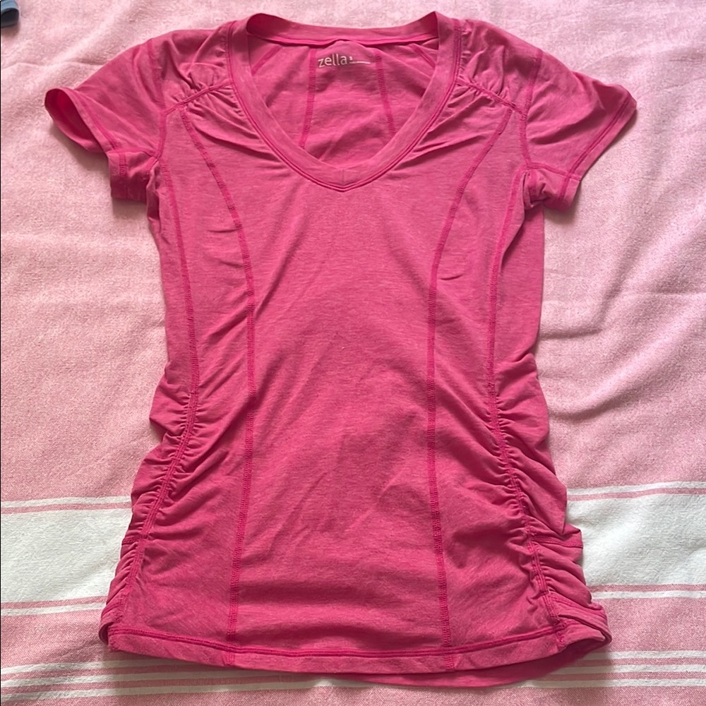 Zella Pink Fitted Ruched V Neck Short Sleeve Tee Running Yoga Activewear